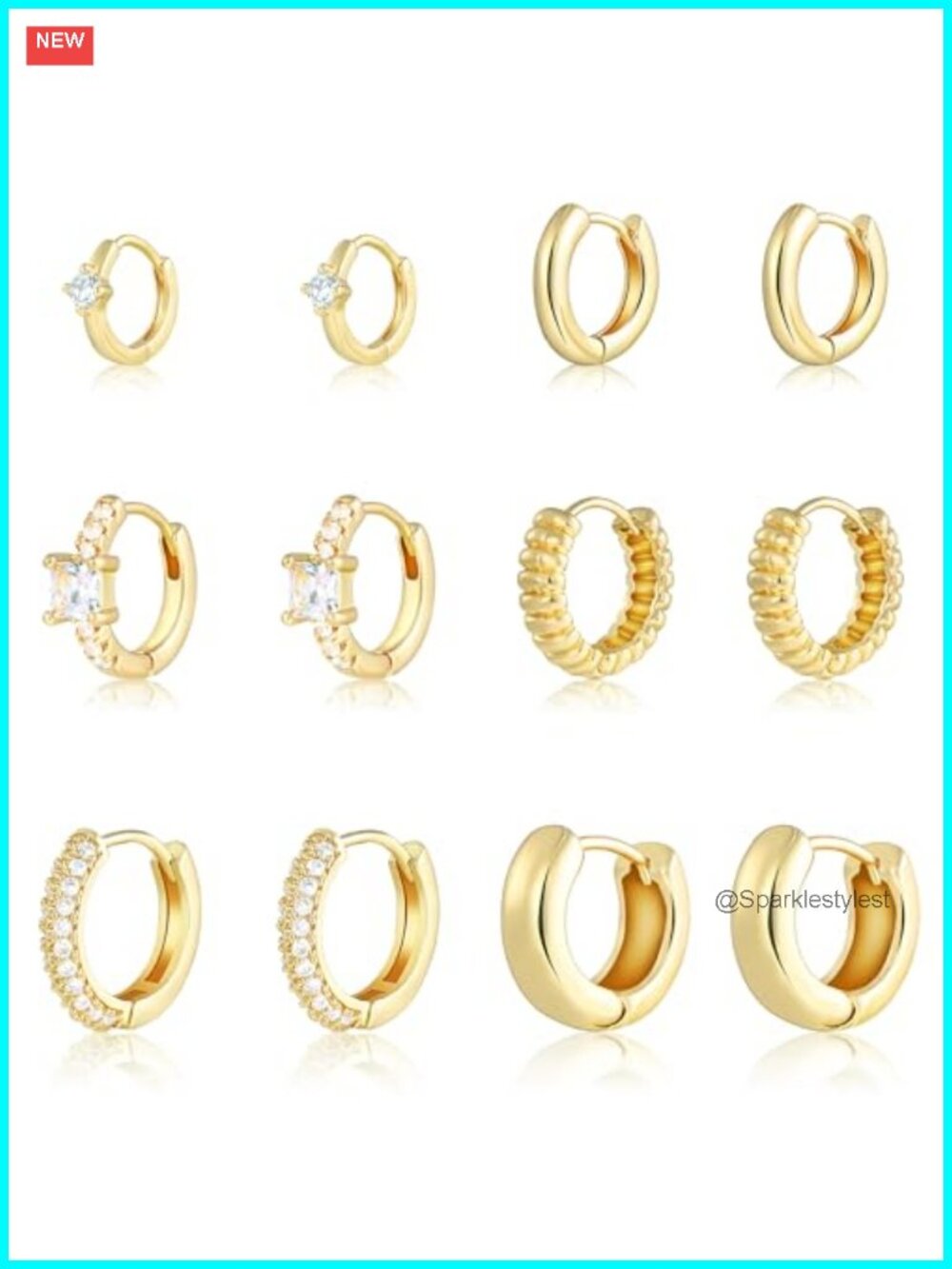 6 Pairs 14K Gold Plated Huggie Hoop Earrings Set CZ Hypoallergenic Lightweight